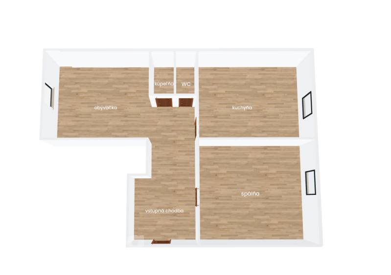 NOVINKA - 2 izbový tehlový byt - Nová Dubnica - 60m²  - Pôdorys 2-izbového bytu s obývačkou, kuchyňou, spálňou a kúpeľňou.