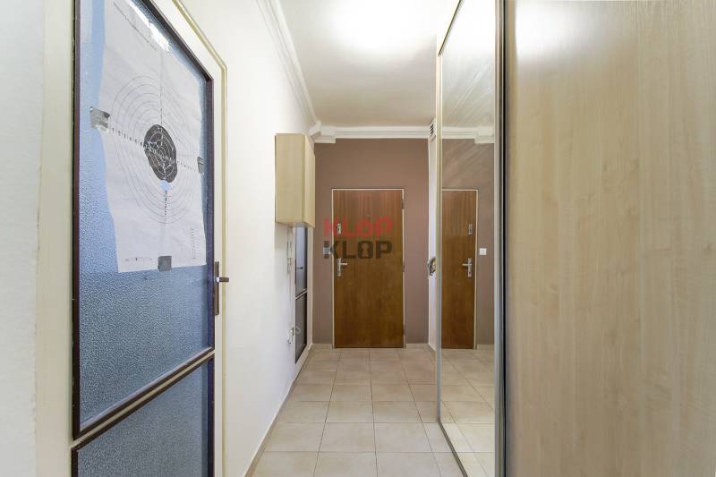 Kúpte si TICHÝ, VEĽKORYSÝ 1i byt s BALKÓNOM a výhľadom na Kamzík - Chodba s dlažbou v 1-izbovom byte, zrkadlová skriňa a sklenené dvere so streleckým terčom.