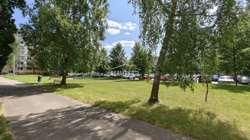 Priestranný 2-izbový byt na Vlčincoch s výbornou dostupnosťou - Park pri bytovom dome v Žiline s lavičkou a stromami v pozadí.