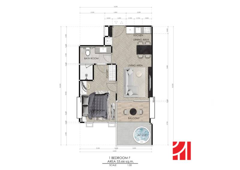 1 IZBOVÝ APARTMÁN (1 SPÁLŇA + 1 OBÝV. IZBA) SEASPIRE JOMTIEN PATTAYA - Pôdorys 2-izbového bytu s obývacou časťou, kuchyňou, spálňou, kúpeľňou a balkónom.