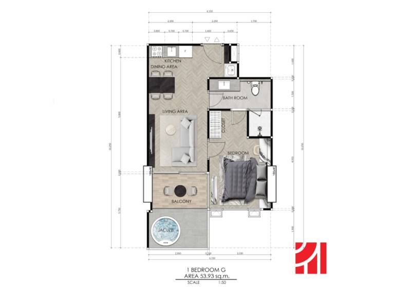 1 IZBOVÝ APARTMÁN (1 SPÁLŇA + 1 OBÝV. IZBA) SEASPIRE JOMTIEN PATTAYA - Pôdorys 2-izbového bytu s balkónom, vírivkou, kúpeľňou a kuchynskou zónou.