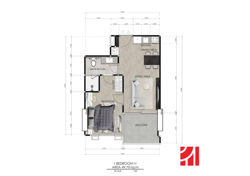 1 IZBOVÝ APARTMÁN (1 SPÁLŇA + 1 OBÝV. IZBA) SEASPIRE JOMTIEN PATTAYA - Pôdorys 2-izbového bytu so spálňou, obývacou izbou, kuchyňou a balkónom.