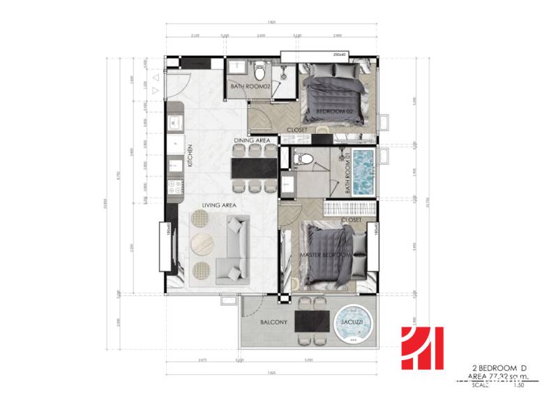 2 IZBOVÝ APARTMÁN (2 SPÁLNE + 1 OBÝV. IZBA) SEASPIRE JOMTIEN PATTAYA - Pôdorys 3-izbového bytu s kuchyňou, obývačkou, balkónom a dvomi kúpeľňami.