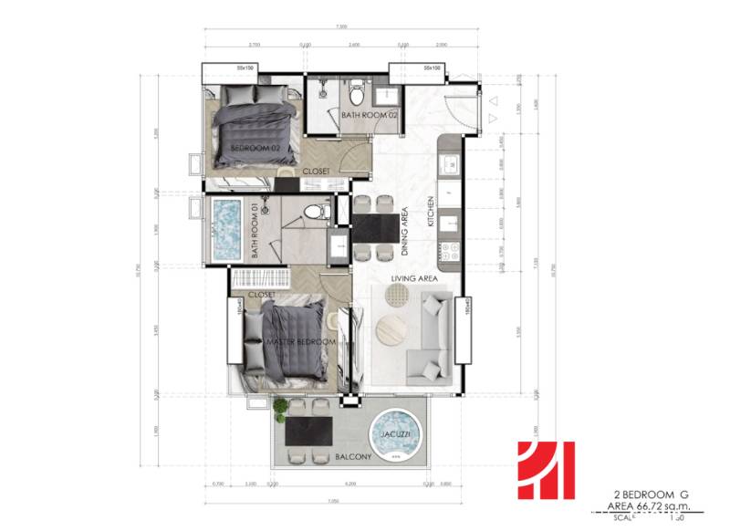 2 IZBOVÝ APARTMÁN (2 SPÁLNE + 1 OBÝV. IZBA) SEASPIRE JOMTIEN PATTAYA - Plán 3-izbového bytu s dvoma spálňami, kúpeľňami a balkónom s jacuzzi.