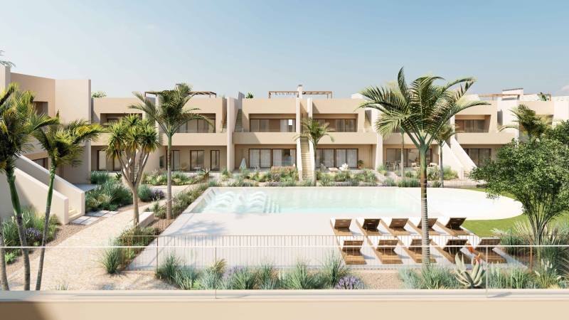 RODA GOLF - luxusné bývanie pri mori a golfových ihriskách - Apartmánový komplex s bazénom a palmami v Rode, ideálne miesto pre relax.