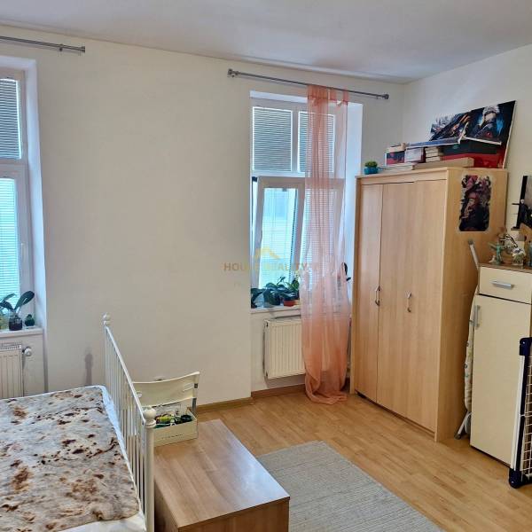 Predaj 1 izbový byt, Karpatská ulica, Bratislava I. Staré Mesto - Svetlá izba s drevenou podlahou, posteľou, skriňou a oknami s rastlinami v 1-izbovom byte.