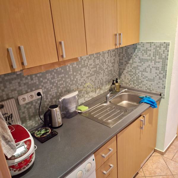 Predaj 1 izbový byt, Karpatská ulica, Bratislava I. Staré Mesto - Kuchyňa s drevenými skrinkami, mozaikovým obkladom a drezom v 1-izbovom byte.