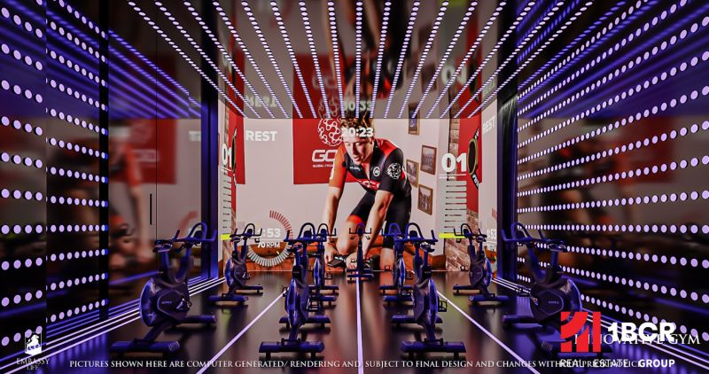 EMBASSY LIFE PATTAYA - Fitness štúdio s cyklotrenažérmi a premietanou obrazovkou vo výstavbe bytov.
