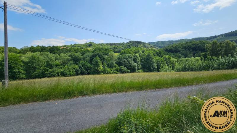 Stavebný pozemok 1750  m2 Zvolen obec Kalinka Detva na predaj - Zeleň a cesta v Zvolene pre pozemky - bývanie, obklopené lesmi a modrou oblohou.