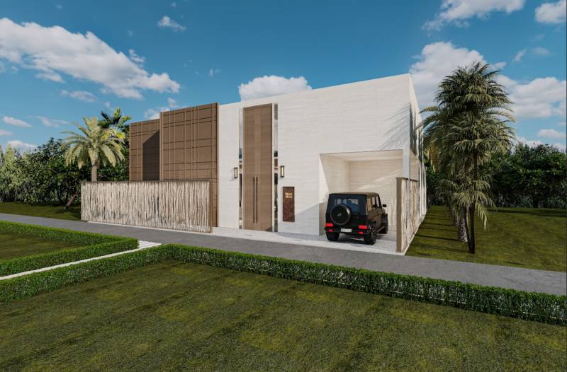 TROJIZBOVÁ VILA V LUXUSNOM HOTELOVOM REZORTE NA ZANZIBARE  - Rodinný dom v Zanzibar North s modernou architektúrou, záhradou a terénom s palmami.