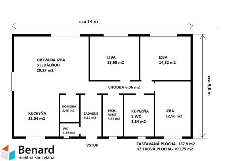 PREŠOV-ĽUBOTICE, RODINNÝ DOM-HOLODOM, POZEMOK 511 m2,NOVOSTAVBA - Pôdorys rodinného domu s obývačkou, kuchyňou, kúpeľňou, tromi izbami a technickou miestnosťou.
