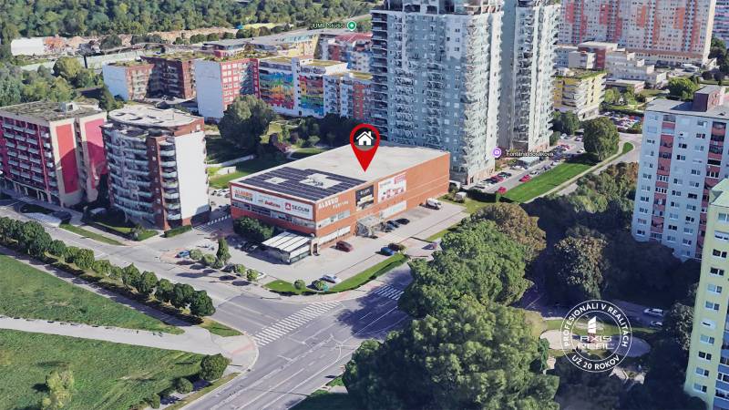 Obchodný priestor (118,5 m2), BA V. Petržalka, Bosákova ul - Letecký pohľad na obchodné priestory na Bosákovej ulici v Petržalke, Bratislava.
