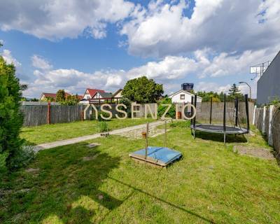 - EXKLUZÍVNE - REKREAČNÝ DOMČEK - ZLATÉ PIESKY  - Záhrada rodinného domu na Mokráň záhone v Bratislave-Ružinove s trávnikom a trampolínou.