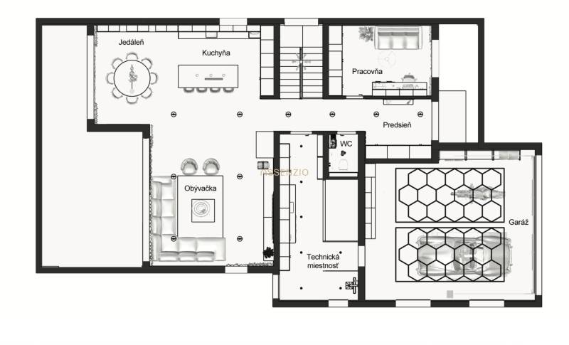 - PREDAJ - Rozostavaný rodinný dom s veľkým potenciálom! - Pôdorys rodinného domu: obývačka, kuchyňa, jedáleň, pracovňa, garáž a technická miestnosť.