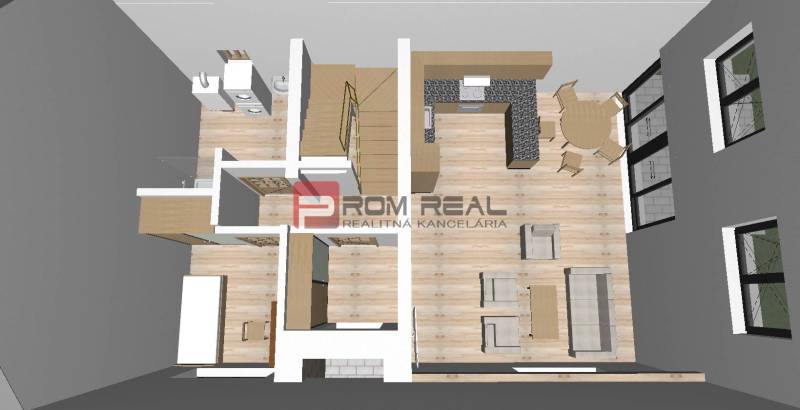 Stavebný pozemok so stavebným povolením a projektom na dvojdom - Návrh bytu s kuchyňou, obývačkou, jedálňou a kúpeľňou v priestore Pozemky - bývanie.