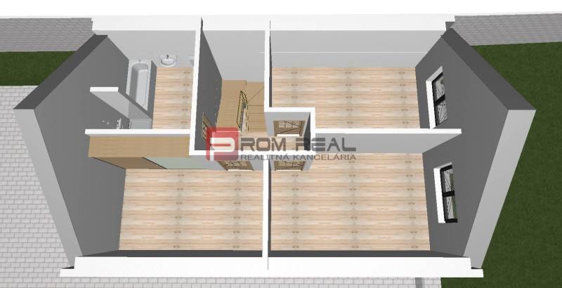 Stavebný pozemok so stavebným povolením a projektom na dvojdom - Pôdorys s drevenou podlahou, kúpeľňou, toaletou a oknami, určený pre Pozemky - bývanie.