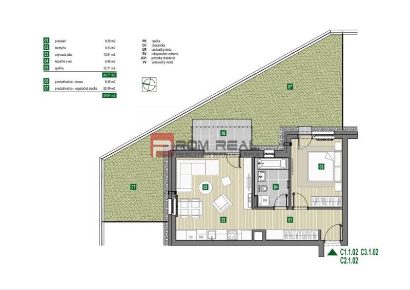 PREDAJ 2i byt, 110 m2, Prémiová novost. Zelené Nivy, Pezinok - Pôdorys 2-izbového bytu s terasou a záhradkou na ulici Pezinok. Byt zahŕňa predsieň, kuchyňu, obývaciu izbu, kúpeľňu a spálňu.