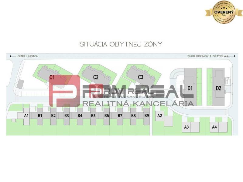 PREDAJ 3i byt, 86 m2, Prémiová novost. Zelené Nivy, Pezinok - Plán rezidenčnej zástavby s označením budov na ulici Limbašská cesta.