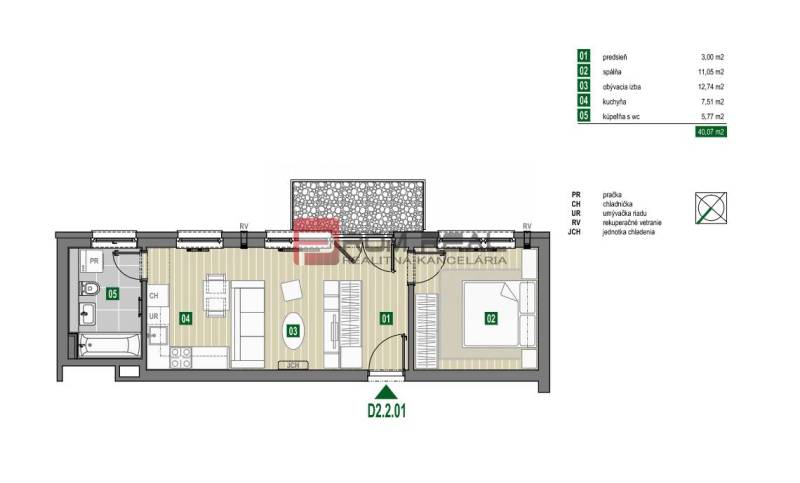 PREDAJ 2i byt, 43 m2, Prémiová novost. Zelené Nivy, Pezinok - Pôdorys 2-izbového bytu s rozlohou 40,07 m², Limbašská cesta. Spálňa, obývacia izba, kuchyňa.