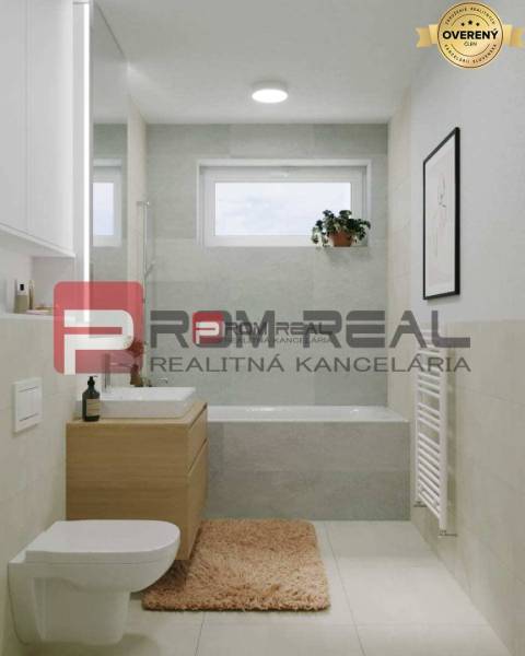 PREDAJ 2i byt, 56 m2, Prémiová novost. Zelené Nivy, Pezinok - Kúpeľňa v 2-izbovom byte na Limbašskej ceste, moderné obklady, vaňa, umývadlo, toaleta.