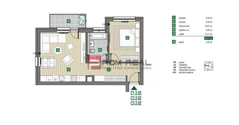 PREDAJ 2i byt, 56 m2, Prémiová novost. Zelené Nivy, Pezinok - Pôdorys 2-izbového bytu 49,71 m², pozostáva z kuchyne, obývacej izby, spálne, balkóna.
