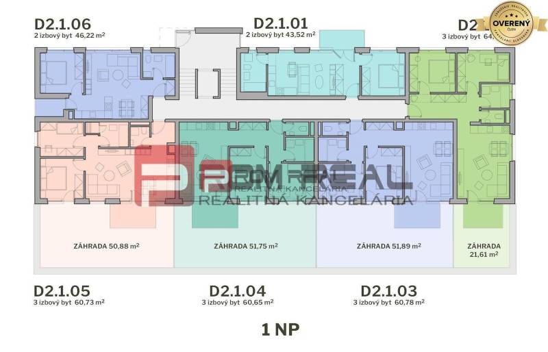 PREDAJ 2i byt, 49 m2, Prémiová novost. Zelené Nivy, Pezinok - Pôdorys rôznych bytov s rozložením izieb, vrátane rozmerov záhrad.