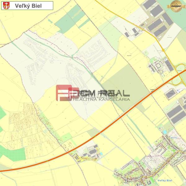 PREDAJ investičného pozemku Senec - Mapa zobrazuje Veľký Biel s úsekmi na ulici Senecká a poľnohospodárske a lesné pozemky.