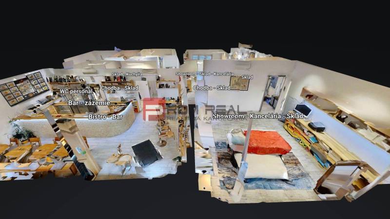 Obchodný priestor v centre Bratislavy Grösslingova ulica - 3D pôdorys obchodných priestorov s bistro-barom a kanceláriami.