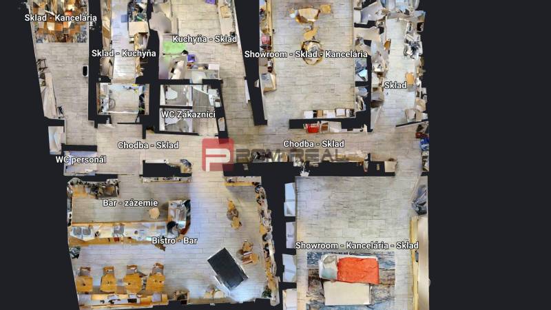 Obchodný priestor v centre Bratislavy Grösslingova ulica - Pôdorys obchodných priestorov s kuchyňou, bistronom, skladmi a showroomom.