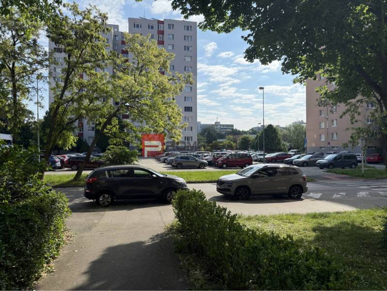 Pre konkrétneho klienta hľadám 4 izbový byt v Petržalke. - Pohľad na bytové domy a parkovisko, obklopené zeleňou na Hrobákovej v Bratislave V.