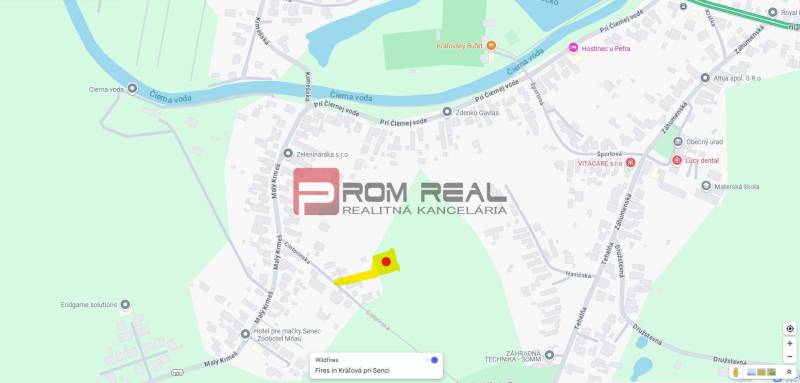 Záhrada v Kráľovej pri Senci, samostatný prístup z verejnej cesty, vod - Mapa zobrazuje oblasť okolo Cintorínskej a Záhrady, s vyznačeným požiarom pri Kráľovej pri Senci.