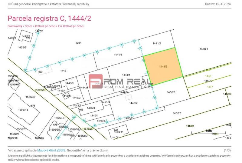 Záhrada v Kráľovej pri Senci, samostatný prístup z verejnej cesty, vod - Katastrálna mapa zobrazuje parcelu 1444/2 na ulici Cintorínska 463 v lokalite Záhrady.