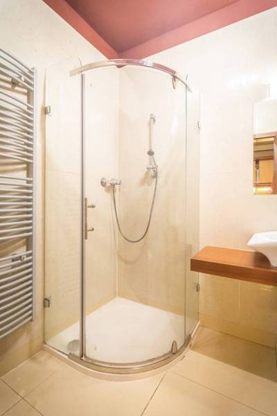 Príjemný apartmán s terasou v podhorí Vysokých Tatier - Sprchovací kút a umývadlo v kúpeľni Rekreačného apartmánu.