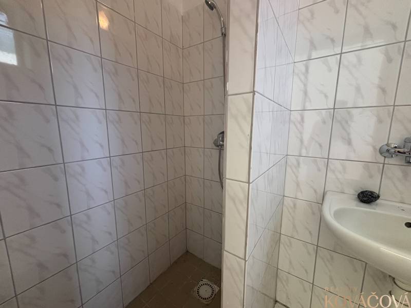 Na prenájom hala s pozemkom 4500 m² – Mníchova Lehota  - Sprchovací kút s dlažbou a umývadlom v priestoroch Sklady a haly.