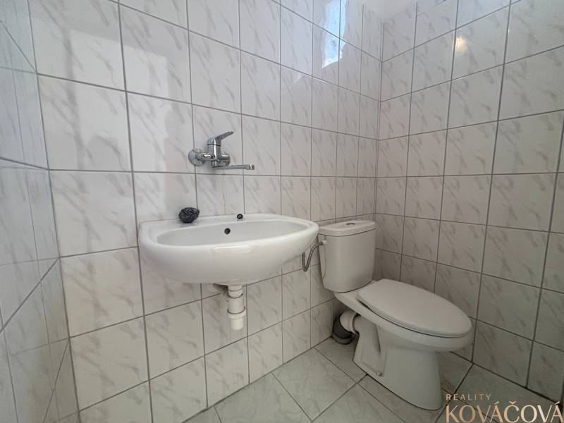 Na prenájom hala s pozemkom 4500 m² – Mníchova Lehota  - Kúpeľňové priestory s bielymi kachličkami, umývadlom a toaletou v Sklady a haly.