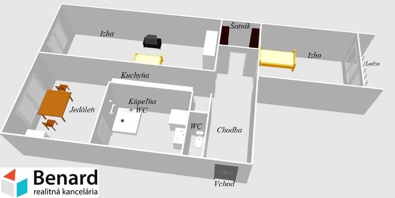 2 IZBOVÝ BYT NA PREDAJ, 59 m2, PREŠOV- PROSTĚJOVSKÁ UL. - Pôdorys 2-izbového bytu s kuchyňou, jedálňou, kúpeľňou, šatníkom a lodžiou.