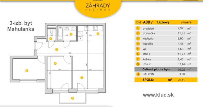 Nový priestranný 3iz. byt s klimatizáciou, balkónom a parkovaním. - Pôdorys 3-izbového bytu na Mahulanke v Pezinku s rozlohou 66,25 m².