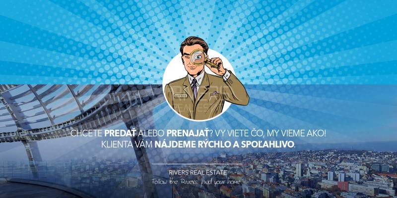 Luxusný byt na 27. poschodí v Sky parku - dostupný SEP/2025 - Agent s lupou na modrom pozadí, ulica Pribinova, ponuka 2-izbového bytu.