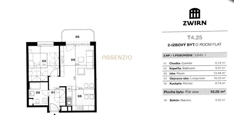 PREDAJ-2 IZBOVÝ BYT-59M2-PROJEKT ZWIRN 3 - RUŽINOV - Pôdorys 2-izbového bytu pri ulici Cvernovka s rozlohou 52,02 m² a balkónom.
