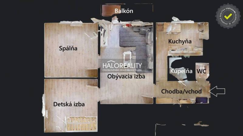 Predaj, trojizbový byt Rimavská Sobota, Rožňavská, R... - Pôdorys 3-izbového bytu s označenými miestnosťami: spálňa, detská izba, obývacia izba.