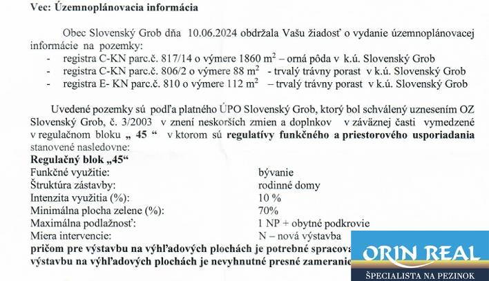 Na Predaj stavebný pozemok pre RD s potenciálom Slovensý Grob 2060m2 - Územnoplánovacia informácia z obce Slovenský Grob pre pozemky určené na bývanie.