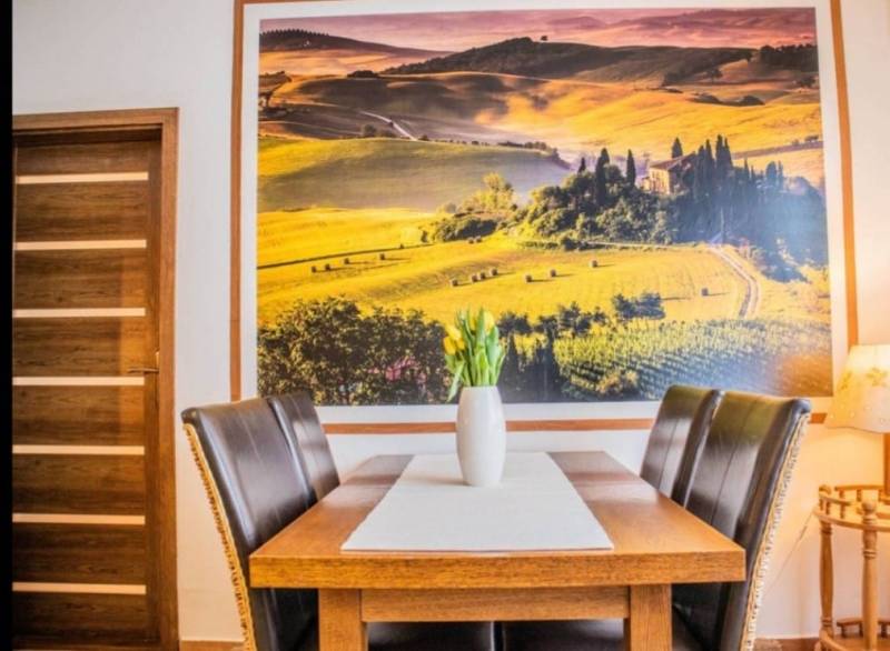 NA PRENÁJOM 1,5-IZBOVÝ BYT S PIVNICOU, ČÍČOV - Jedálenský stôl s vázičkou tulipánov, veľká krajinná fotografia na stene.
