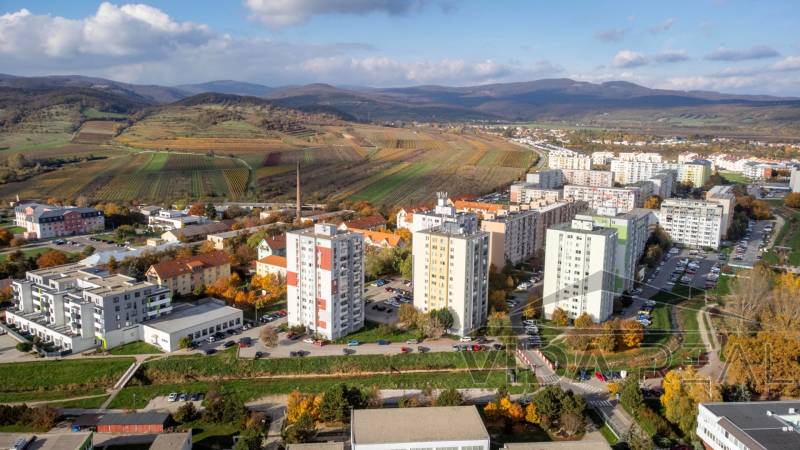 Predaj bezbariérového 3-izbového bytu v Pezinku - Sídlisko v Pezinku na ulici Svätoplukova obklopené vinicami a zelenými kopcami.