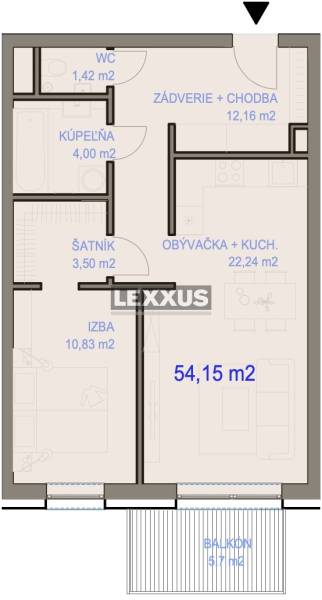 Moderný a priestranný 2i byt v novom projekte, Geologická - Pôdorys 2-izbového bytu s chodbou, kuchyňou, izbou a balkónom.