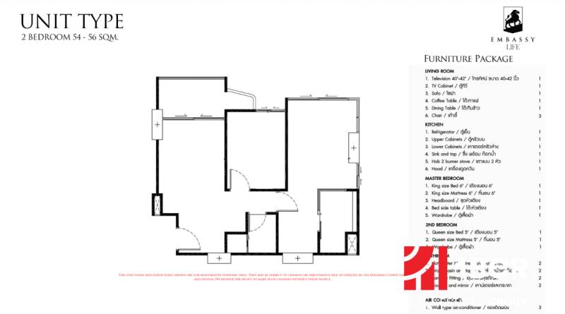 2 IZBOVÝ APARTMÁN (2 SPÁLNE + 1 OBÝV. IZBA)  EMBASSY LIFE PATTAYA - Návrh pôdorysu 3-izbového bytu so zoznamom nábytku a oceneniami.