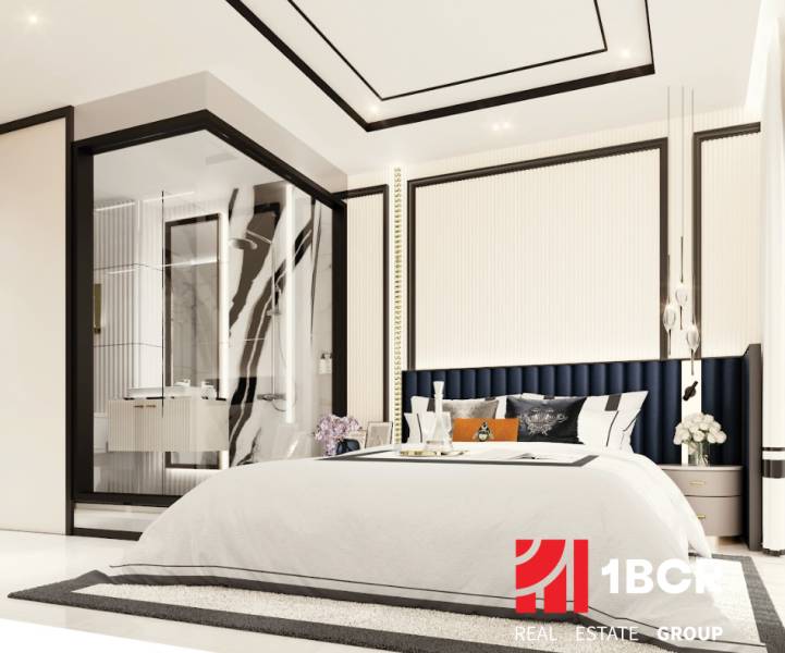 2 IZBOVÝ APARTMÁN (2 SPÁLNE + 1 OBÝV. IZBA)  EMBASSY LIFE PATTAYA - Spálňa v 3-izbovom byte s veľkou posteľou a presklenou kúpeľňou.