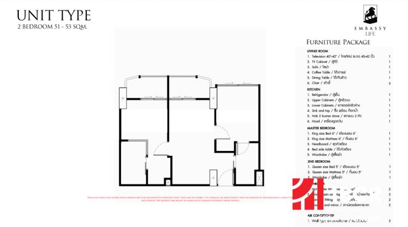 2 IZBOVÝ APARTMÁN (2 SPÁLNE + 1 OBÝV. IZBA)  EMBASSY LIFE PATTAYA - Pôdorys dvojizbového bytu 51-53 m² so zoznamom zariadenia a označením Overený člen.