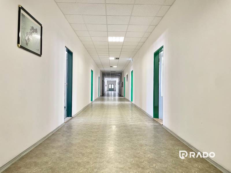 Kancelárie na prenájom 40m2, budova Fischer TireTech, TN - Dlhá chodba s bielymi stenami a zelenými dverami v kanceláriách.