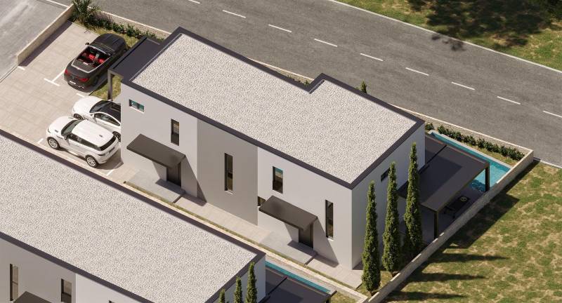 CHORVÁTSKO - Nový apartmánový komplex - MANDRE, ostrov PAG - Pohľad zhora na 4-izbový byt v Mandre s parkoviskom a malým bazénom.