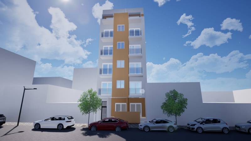 TORREVIEJA - UVÁDZACIE CENY ZA NOVOSTAVBU len 300 metrov od mora - Šesťposchodová bytová budova na ulici Campoamor 12 v Torrevieja so zaparkovanými autami.